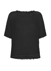 FRINGED LINEN GAUZE T-SHIRT - BLACK - Linen Clothing for Women | DEHA