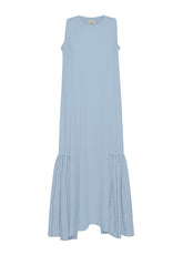 PINSTRIPED LINEN TRIM LONG DRESS - BLUE - Linen Clothing for Women | DEHA