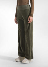 GREEN STRETCH VELVET WIDE LEG PANTS - CAMO GREEN | DEHA