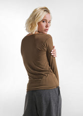 T-SHIRT A MANICA LUNGA IN MISTO CASHMERE MARRONE - KAKI BROWN | DEHA