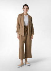 HIGH WAISTED BLAZER AND TROUSERS SET IN BROWN LINEN - | DEHA