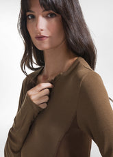 BROWN CASHMERE BLEND LONG-SLEEVED SERAFINO T-SHIRT - KAKI BROWN | DEHA