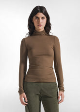 T-SHIRT A MANICA LUNGA CON COLLO LUPETTO IN MISTO CASHMERE MARRONE - Maglie Cashmere da Donna | DEHA