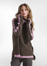 MAGLIONE BICOLORE A COLLO ALTO IN MISTO LANA MARRONE - KAKI BROWN | DEHA
