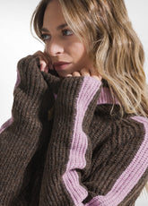 MAGLIONE BICOLORE A COLLO ALTO IN MISTO LANA MARRONE - KAKI BROWN | DEHA