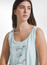 TOP CON STAMPA GRAFICA IN JERSEY ORGANICO BLU - AQUA BLUE | DEHA