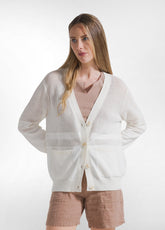 WHITE MESH-EFFECT COTTON KNIT CARDIGAN - Sweaters | DEHA