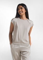 TOP CON MANICHE IN SATIN E CORPO IN JERSEY BEIGE | DEHA