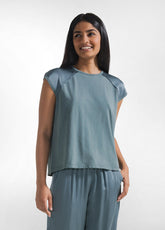 TOP CON MANICHE IN SATIN E CORPO IN JERSEY VERDE - TEAL GREEN | DEHA