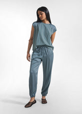 TOP CON MANICHE IN SATIN E CORPO IN JERSEY VERDE - TEAL GREEN | DEHA