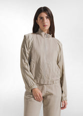 COMPLETO BOMBER IN LINO CON MAINCHE SATIN E PANTALONI DRITTI IN LINO FIAMMATO BEIGE - | DEHA