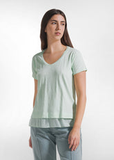 COTTON T-SHIRT WITH SILK DETAILS - GREEN - JADE GREEN | DEHA