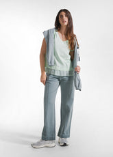 COTTON T-SHIRT WITH SILK DETAILS - GREEN - JADE GREEN | DEHA