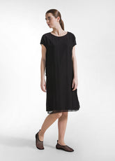 Cotton Dress With Draped Silk Sleeves - Black - BLACK | DEHA