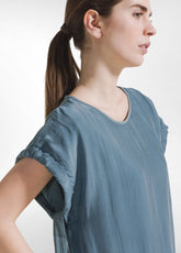 Cotton Dress With Draped Silk Sleeves - Green - TEAL GREEN | DEHA