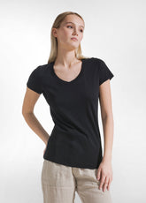 Flammé T-Shirt mit V-Ausschnitt Schwarz - BLACK | DEHA