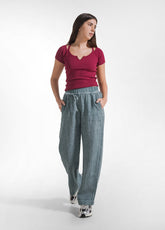 PANTALONI DRITTI IN LINO EFFETTO SFUMATO VERDE - TEAL GREEN | DEHA