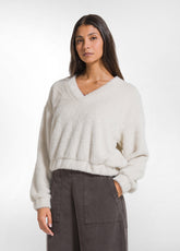 LIGHTWEIGHT FLEECE V-NECK SWEATSHIRT - WHITE - SOFT IVORY | DEHA