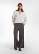 LIGHTWEIGHT FLEECE V-NECK SWEATSHIRT - WHITE - SOFT IVORY | DEHA