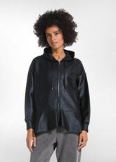 LAMINATED OVERSIZED ZIP-UP HOODIE - BLACK - BLACK | DEHA