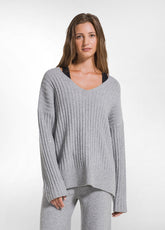 MAGLIONE LUNGO SCOLLO A V CON PAILLETTES GRIGIO - GREY MELANGE | DEHA