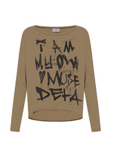 LANGÄRMELIGE T-SHIRT AUS MODAL MIT AUFDRUCK - BRAUN - GLACE' BROWN | DEHA