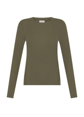 T-SHIRT GIROCOLLO MANICA LUNGA A COSTINE IN MISTO CASHMERE MARRONE - KAKI BROWN | DEHA