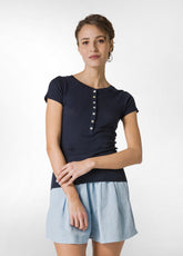 BUTTON DOWN RIBBED T-SHIRT - BLUE - Denim Passion: Trousers, Skirts and Shorts | DEHA