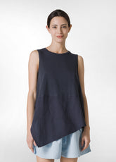 LINEN TRIMS ASYMMETRICAL TOP - BLUE - Linen Clothing for Women | DEHA
