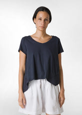 LINEN TRIMS ASYMMETRICAL T-SHIRT - BLUE - Linen Clothing for Women | DEHA