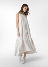 PINSTRIPED LINEN TRIM LONG DRESS - WHITE - Linen Clothing for Women | DEHA
