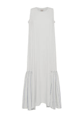 PINSTRIPED LINEN TRIM LONG DRESS - WHITE - Linen Clothing for Women | DEHA