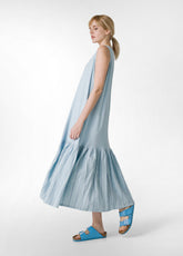 PINSTRIPED LINEN TRIM LONG DRESS - BLUE - Mommy Friendly Fashion | DEHA