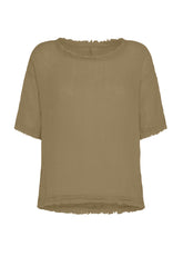 FRINGED LINEN GAUZE T-SHIRT - BROWN - Linen Clothing for Women | DEHA
