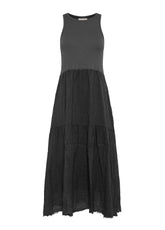 FRINGED LINEN GAUZE COMBINED DRESS - BLACK - Linen Clothing for Women | DEHA