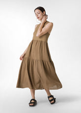 FRINGED LINEN GAUZE COMBINED DRESS - BROWN - Products | DEHA