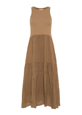 FRINGED LINEN GAUZE COMBINED DRESS - BROWN - Linen Clothing for Women | DEHA